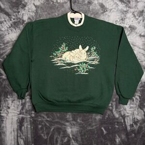 Vintage Daybreak Bunny Rabbit Winter Sweatshirt Forest Green Made in USA 1X